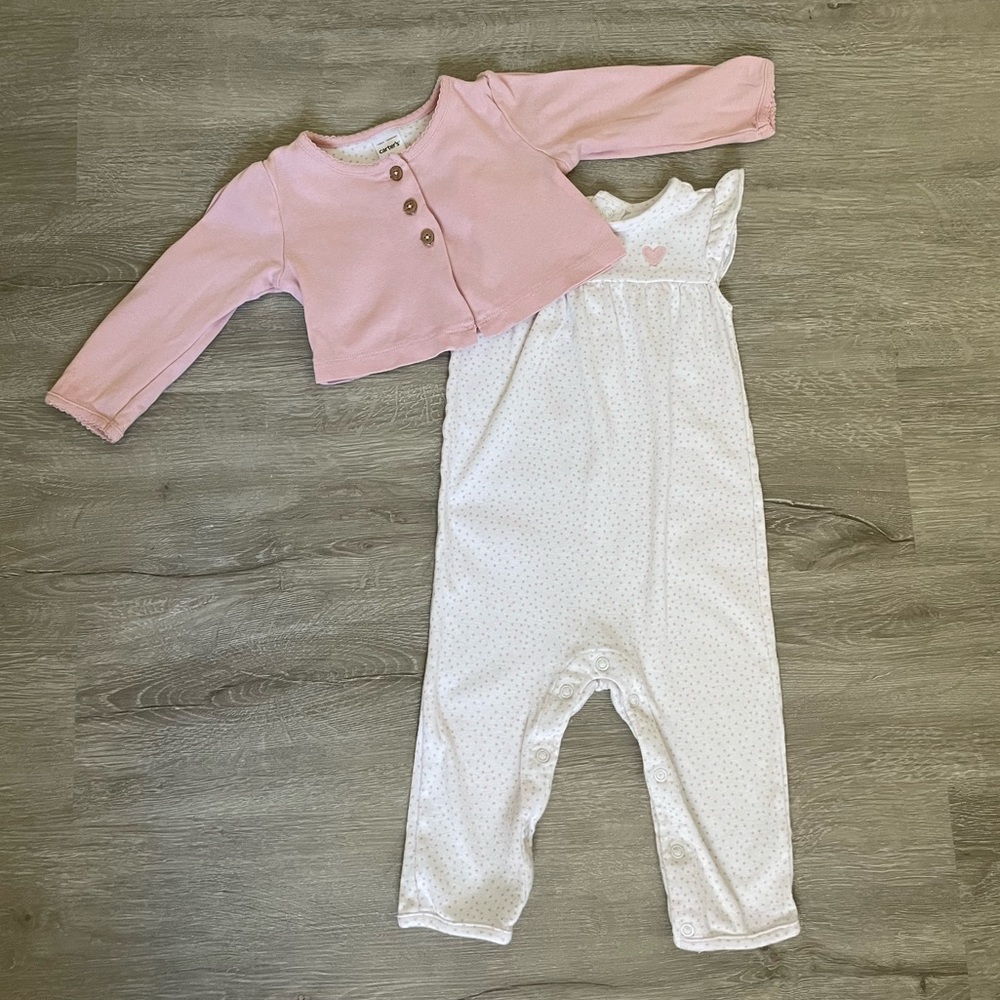 Carter’s Infant Heart 2pc Jumper Set, size 9m, in pink and white